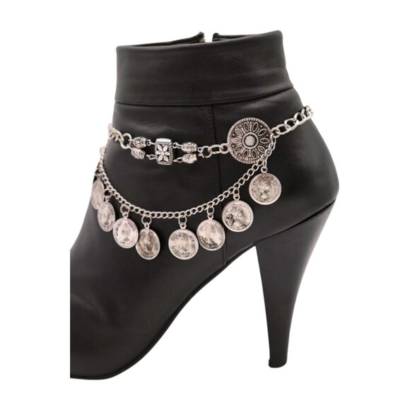 Women Silver Metal Boot Chain Bracelet Shoe Anklet Coin Wave Flower Charm SET - Picture 5 of 17